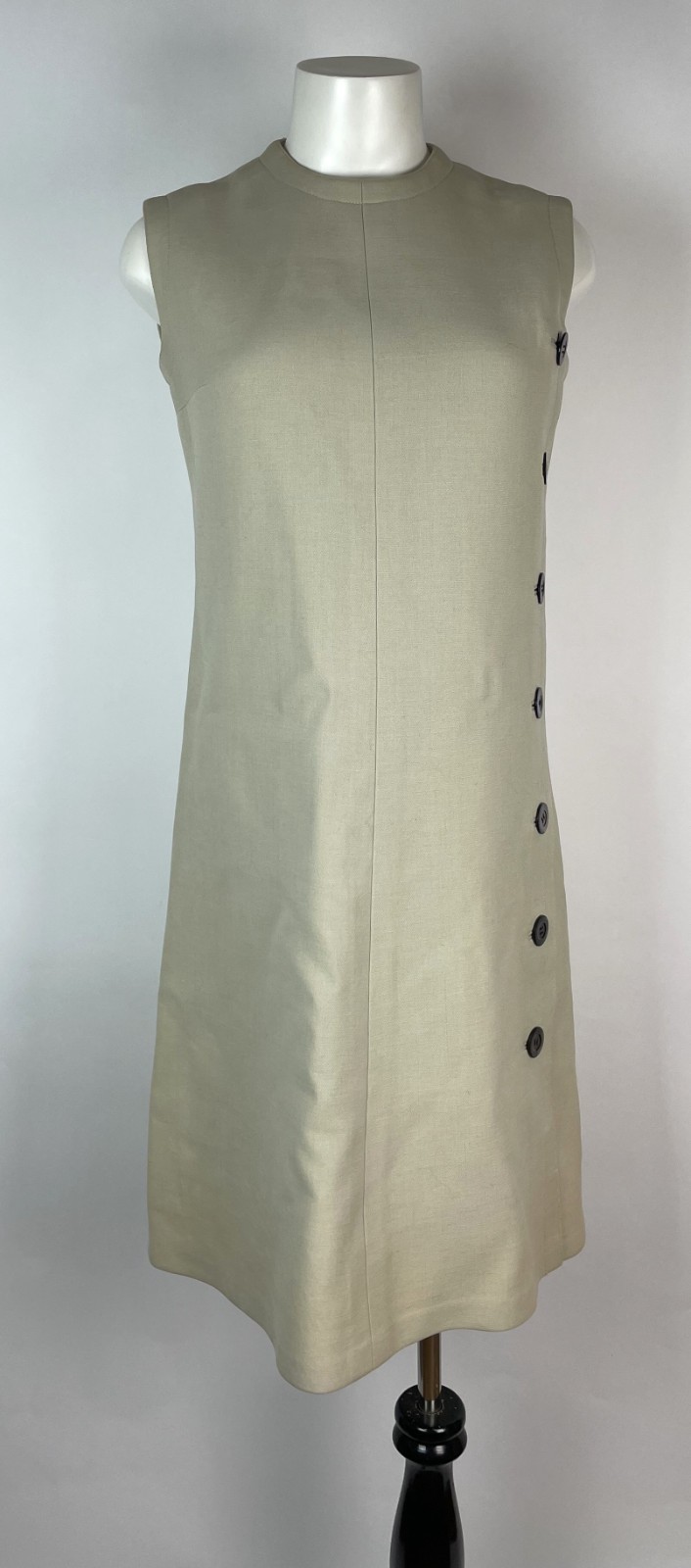 Vintage60s HARDY AMIES BOUTIQUE Taupe SIDEBUTTON shift dress S/M 34&Prime; Bust Damage