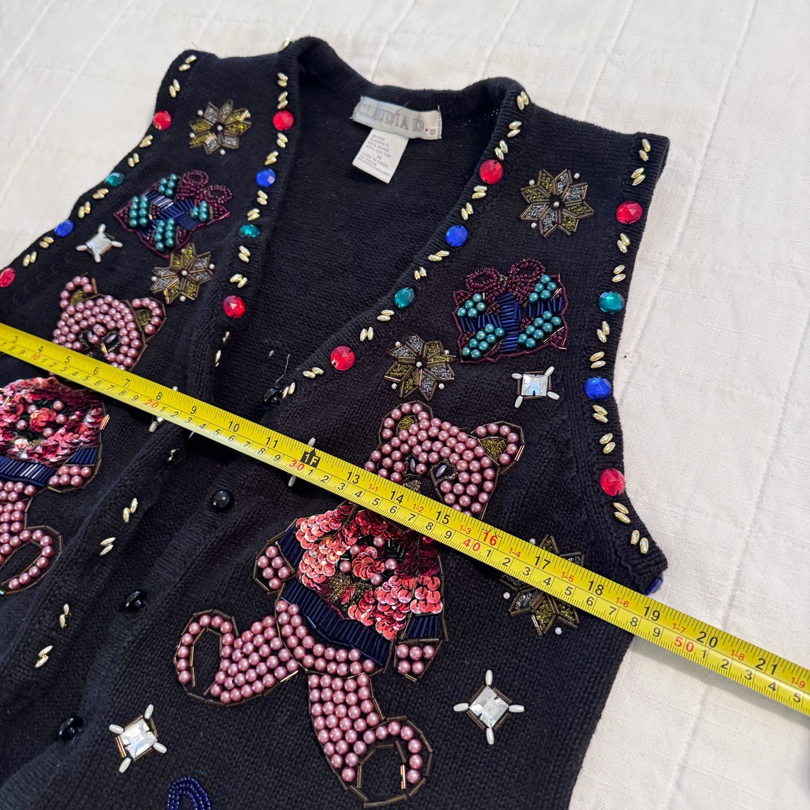 Vintage 90s Claudia D. Beaded Sequenced Christmas Sweater Vest Black Med Womens