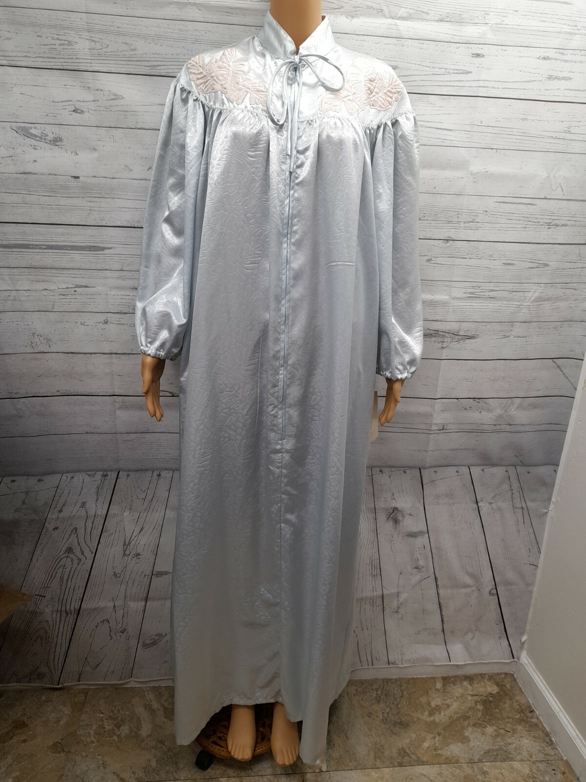 Vtg Keyloun Kaftan Womens Robe S Long Sleeve Blue Satin Textured 3/4 Zip NWT