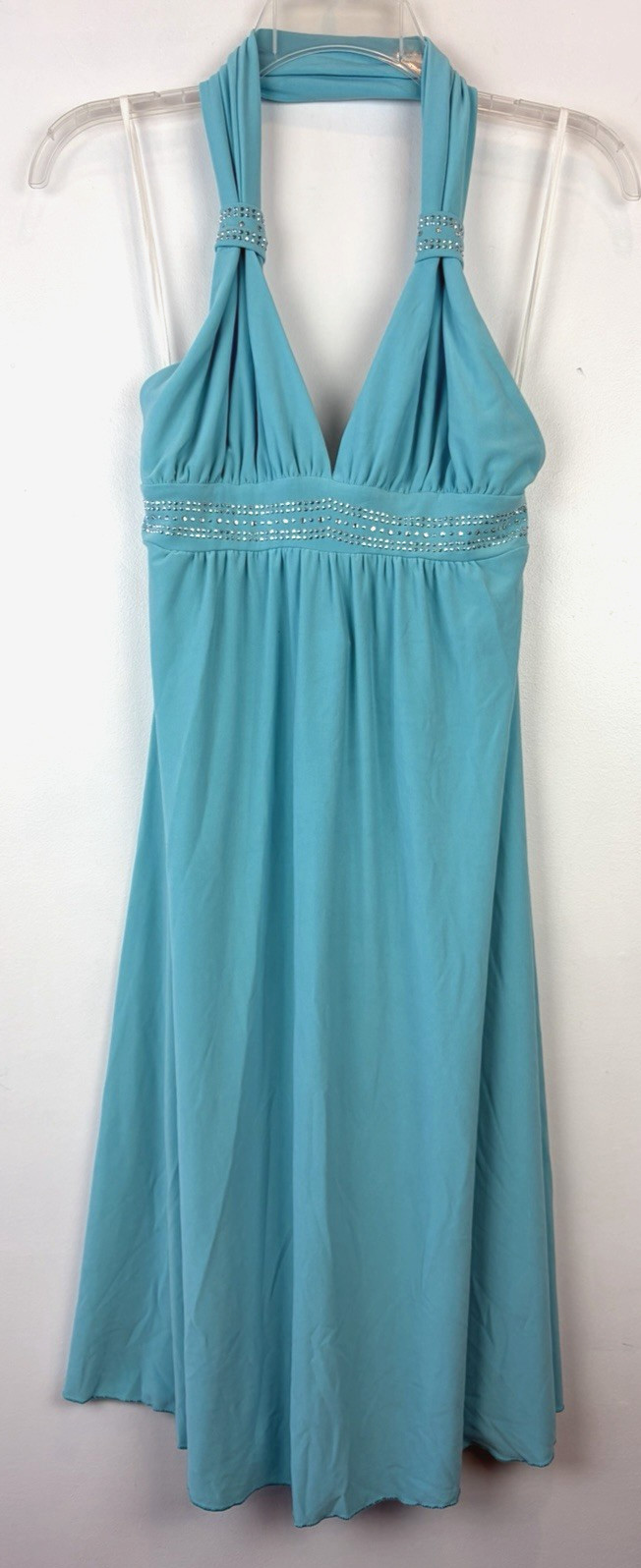 Vintage Disco Halter Dress Womens Large Strappy Blue Liquid Jersey Evening Event