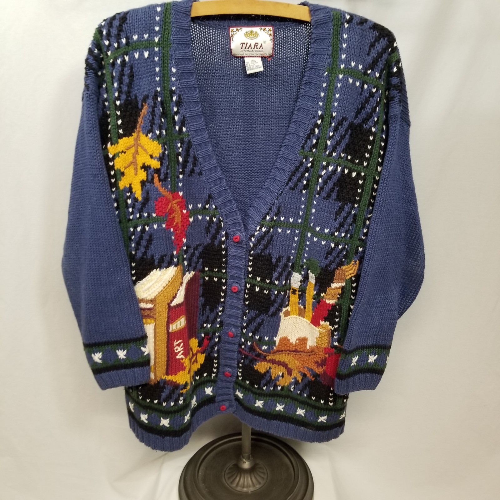 Tiara Vintage Blue Women&rsquo;s School Teacher Theme V-Neck Cardigan Sweater Large