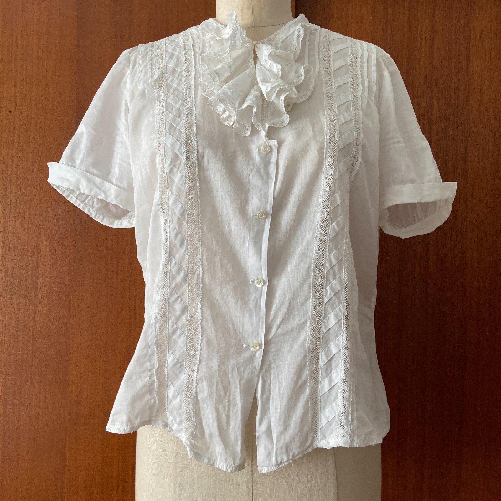Vintage 1930s 1940s White Cotton Gauze Lace Blouse Top Medium Large
