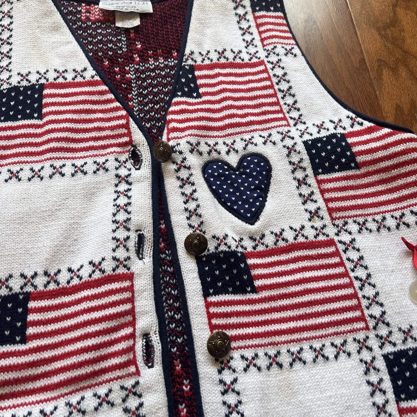 Loft Sweater Vest USA Flag Patchwork Medium Cottagecore Grandmacore Vintage