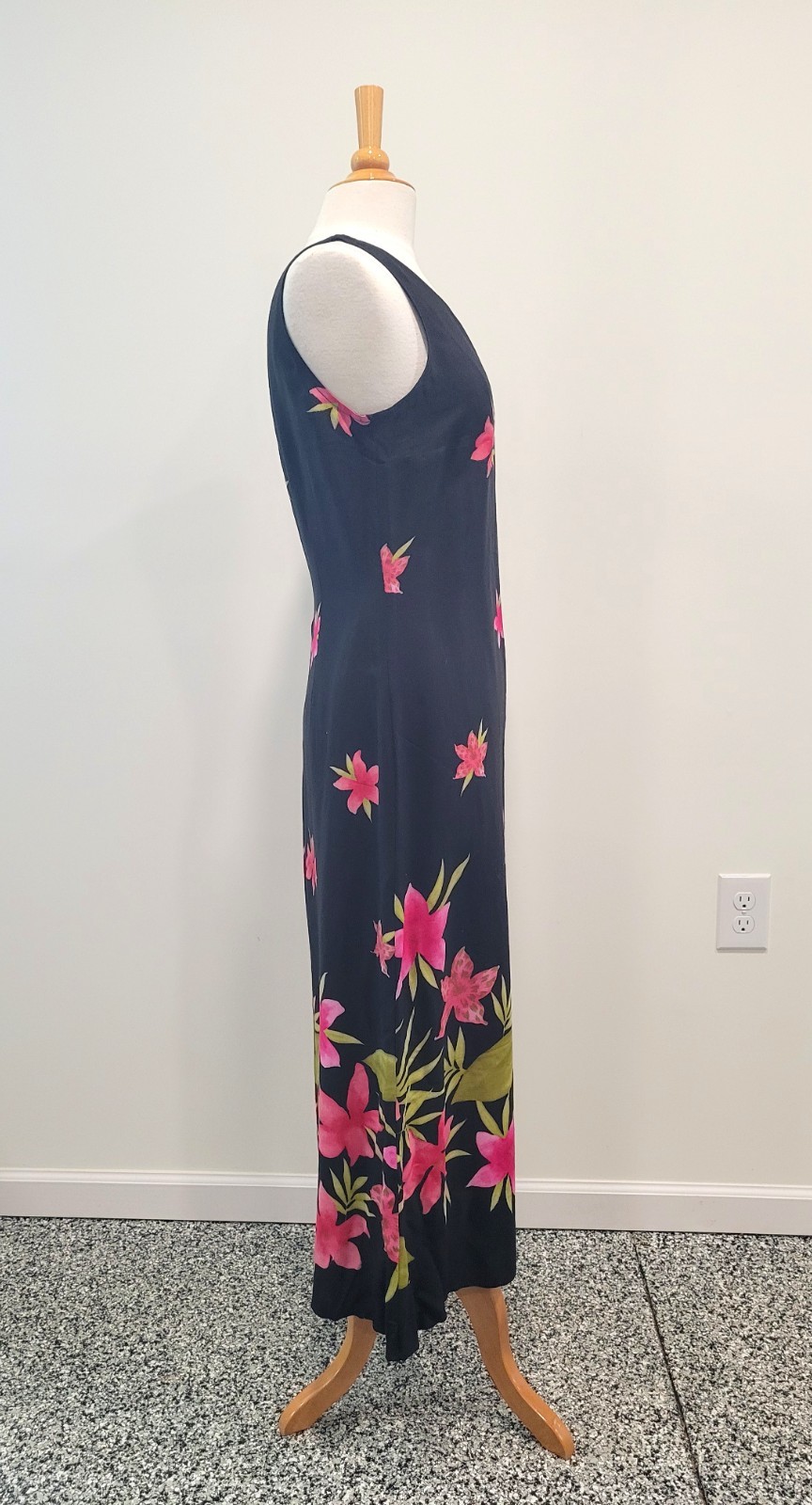 Vintage Maxi Column Dress Black Multicolor Floral Summer Early 1970s L