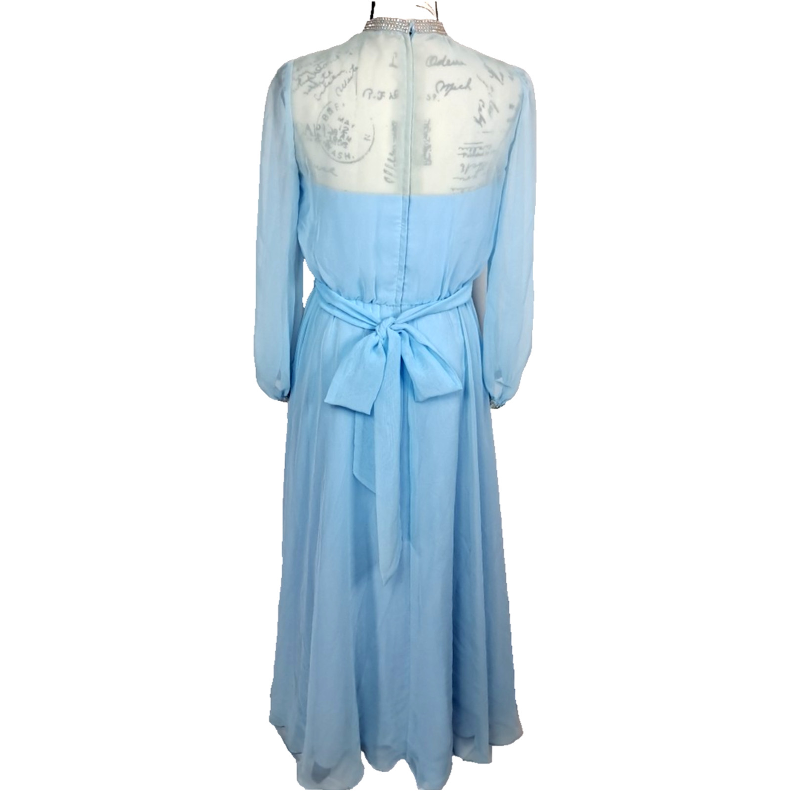 Vtg 70s Sheer Chiffon Rhinestone Maxi Dress Size 9 Blue Regency Formal Union Tag