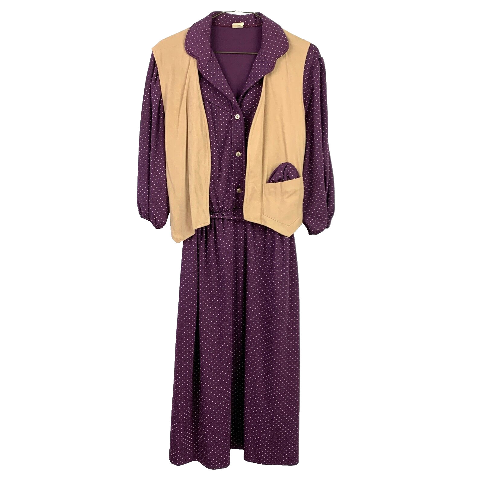 Vintage Purple Polka Dot Jersey Dress Faux Suede Vest Outfit Size 16