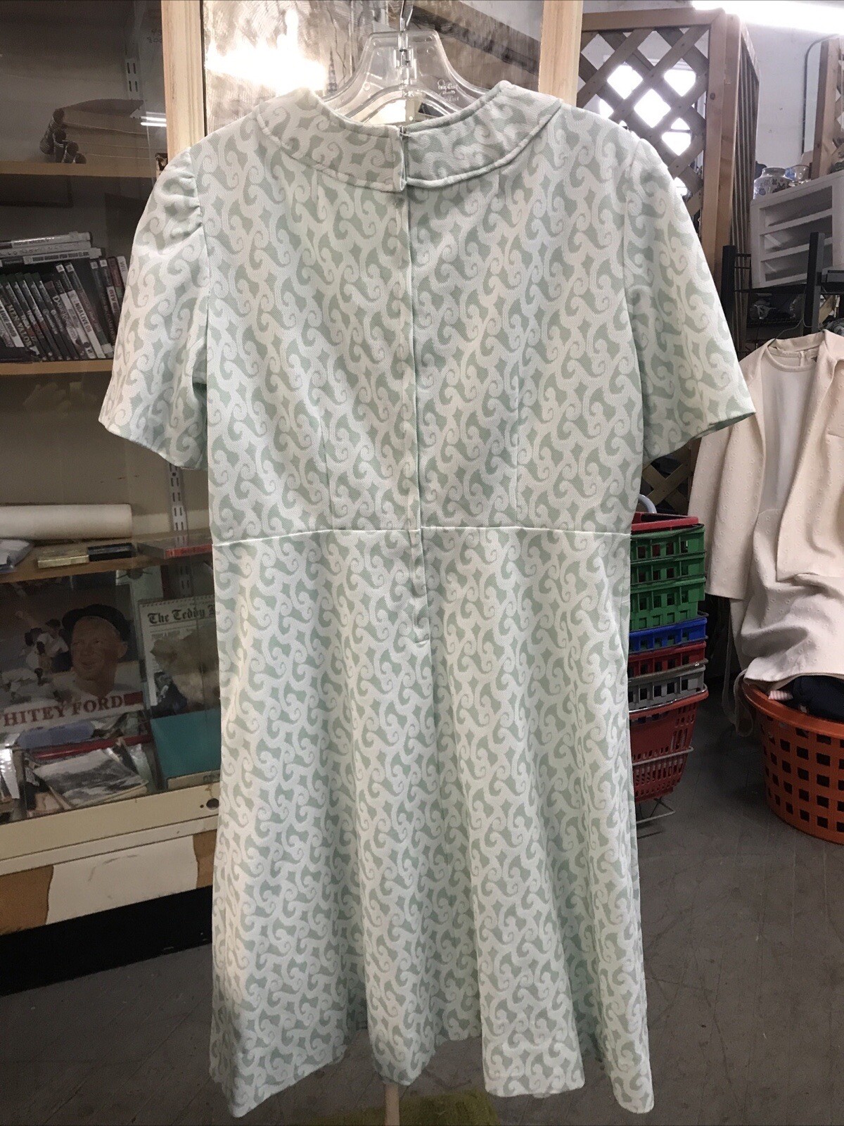 Vintage 70s Shift Dress Double Knit Poly Handmade Green White Geometric Sz M
