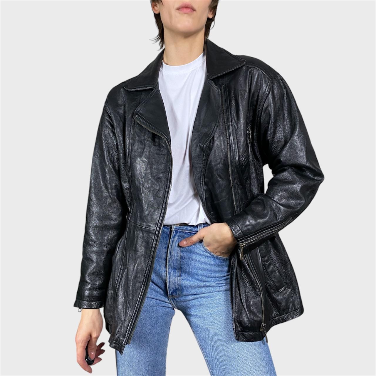 Vintage Black Leather Jacket Moto Biker Style Zipped Jacket Size US8