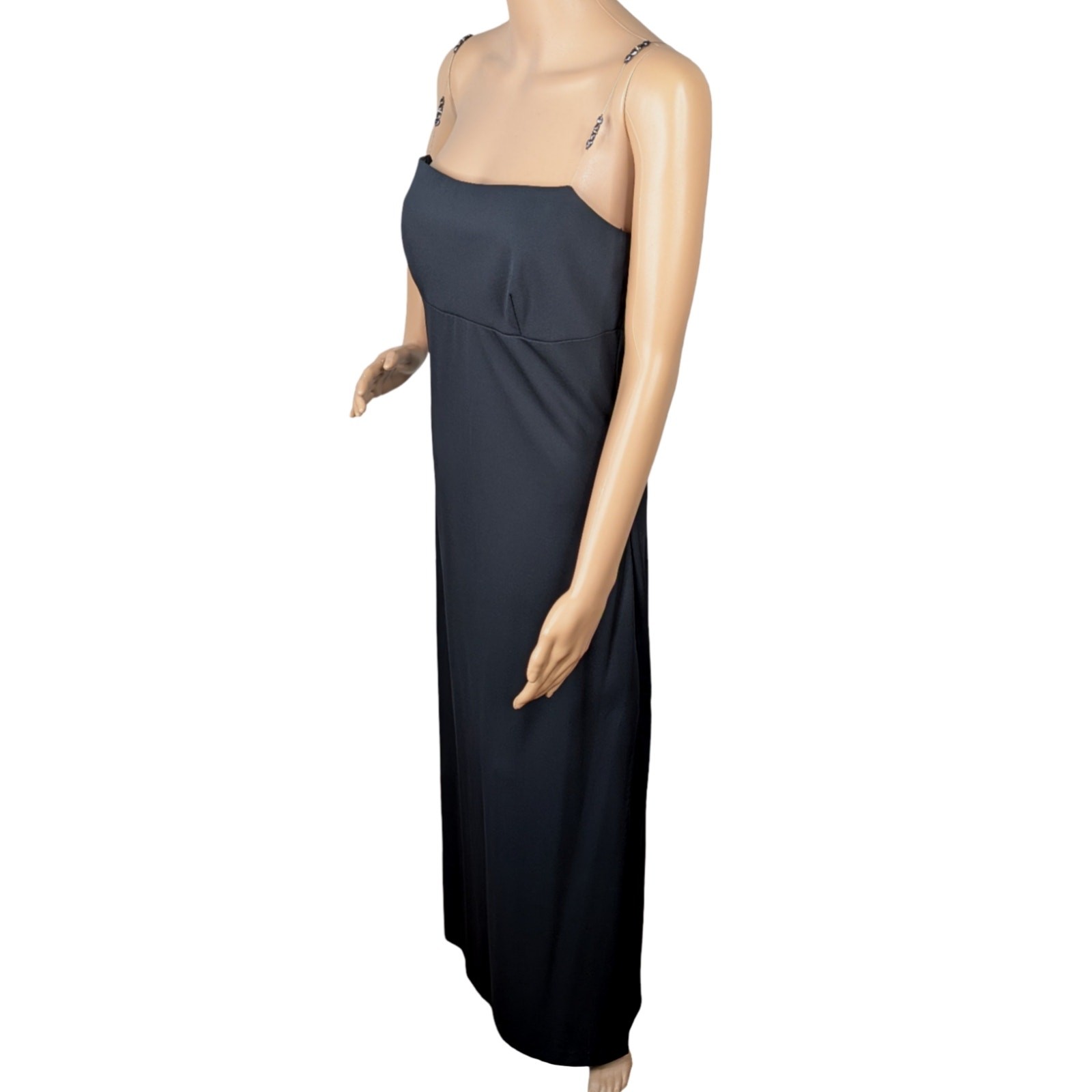 Vintage 90s Allen B Evening Black Column Gown 8 Beaded Wire Strap Slit Prom Gala