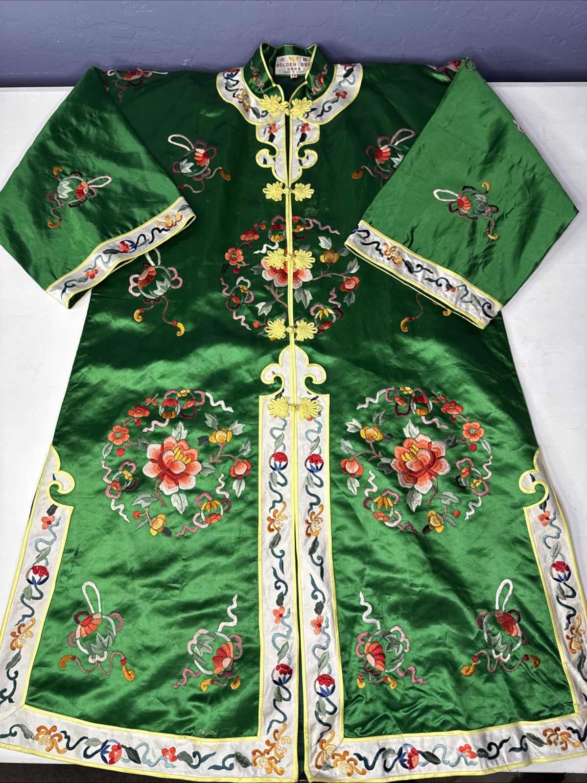 Golden Bee Chinese Silk Robe Embroidered Vintage Sz 10 Green Flowers
