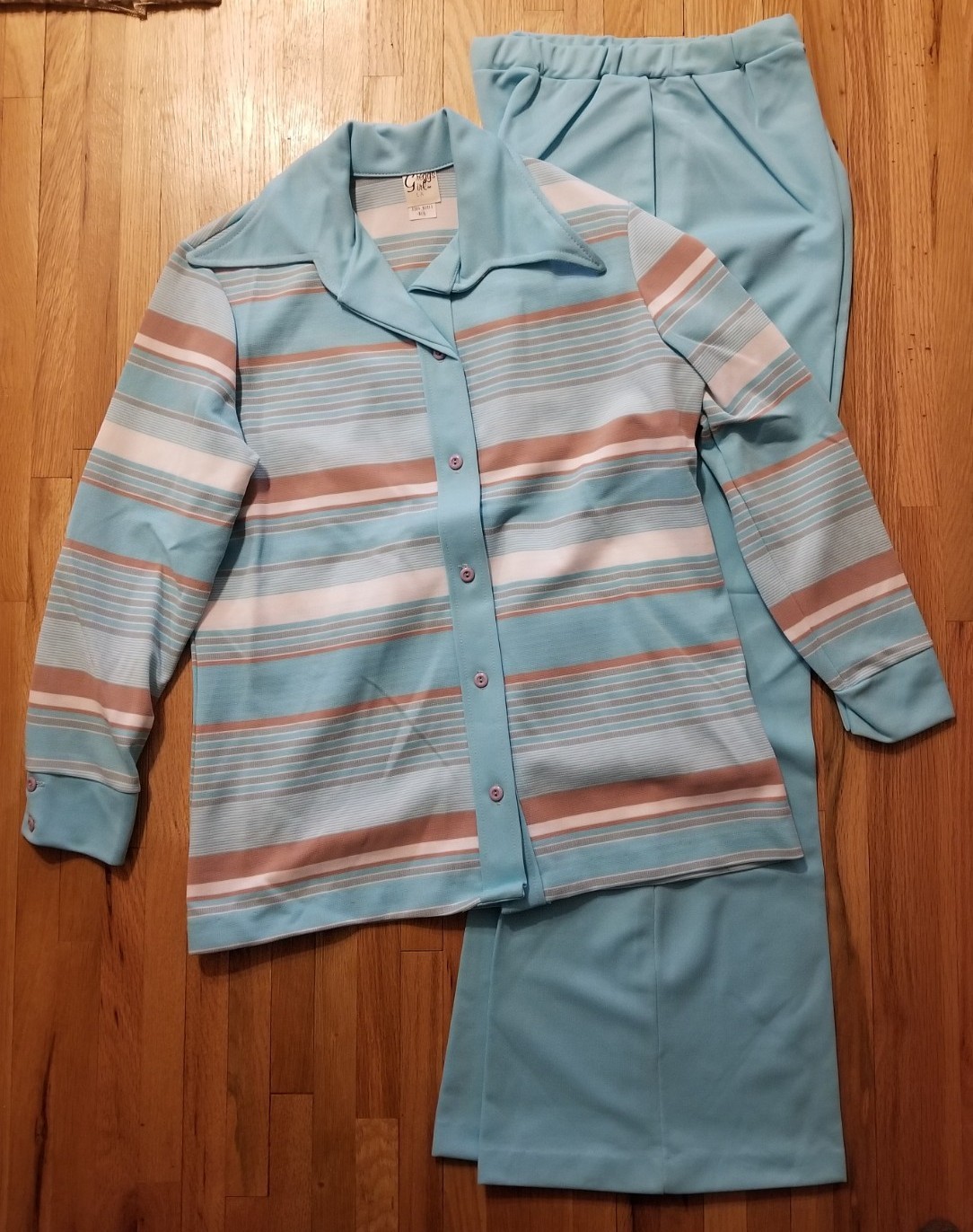 NOS Vintage 1970s Size 16 Womens 2 Pc Shirt Jacket & Pant Set Aqua Blue