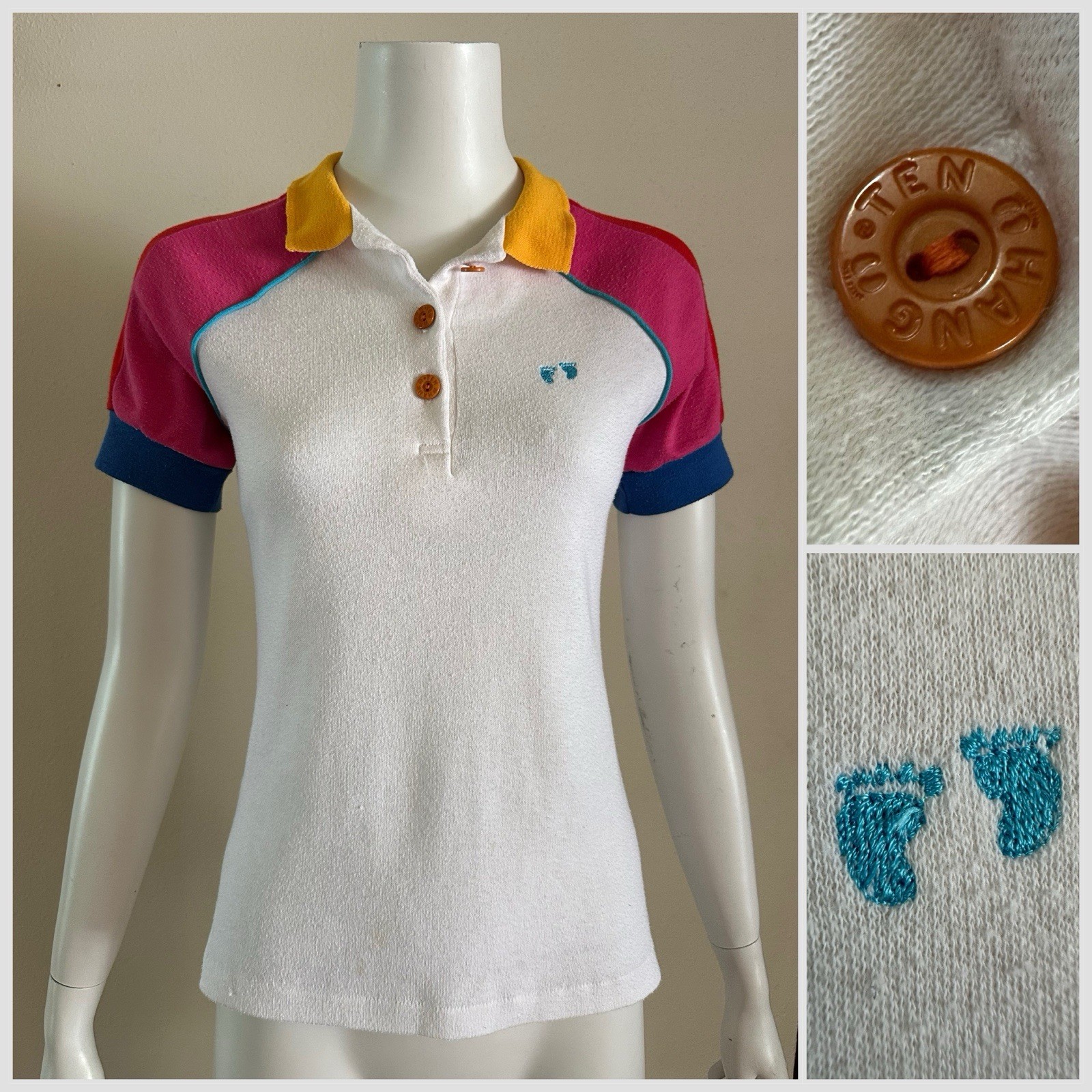 Vintage Hang Ten Polo Shirt 70s 80s Surf Colorblock Raglan Top XS S Women’s