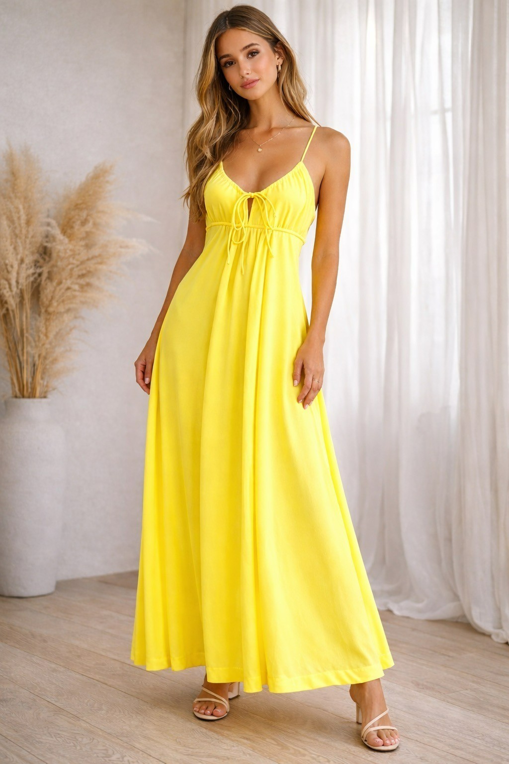 Vintage Yellow Chiffon Maxi Dress Empire Waist Spaghetti Straps 70s Size M (11/1