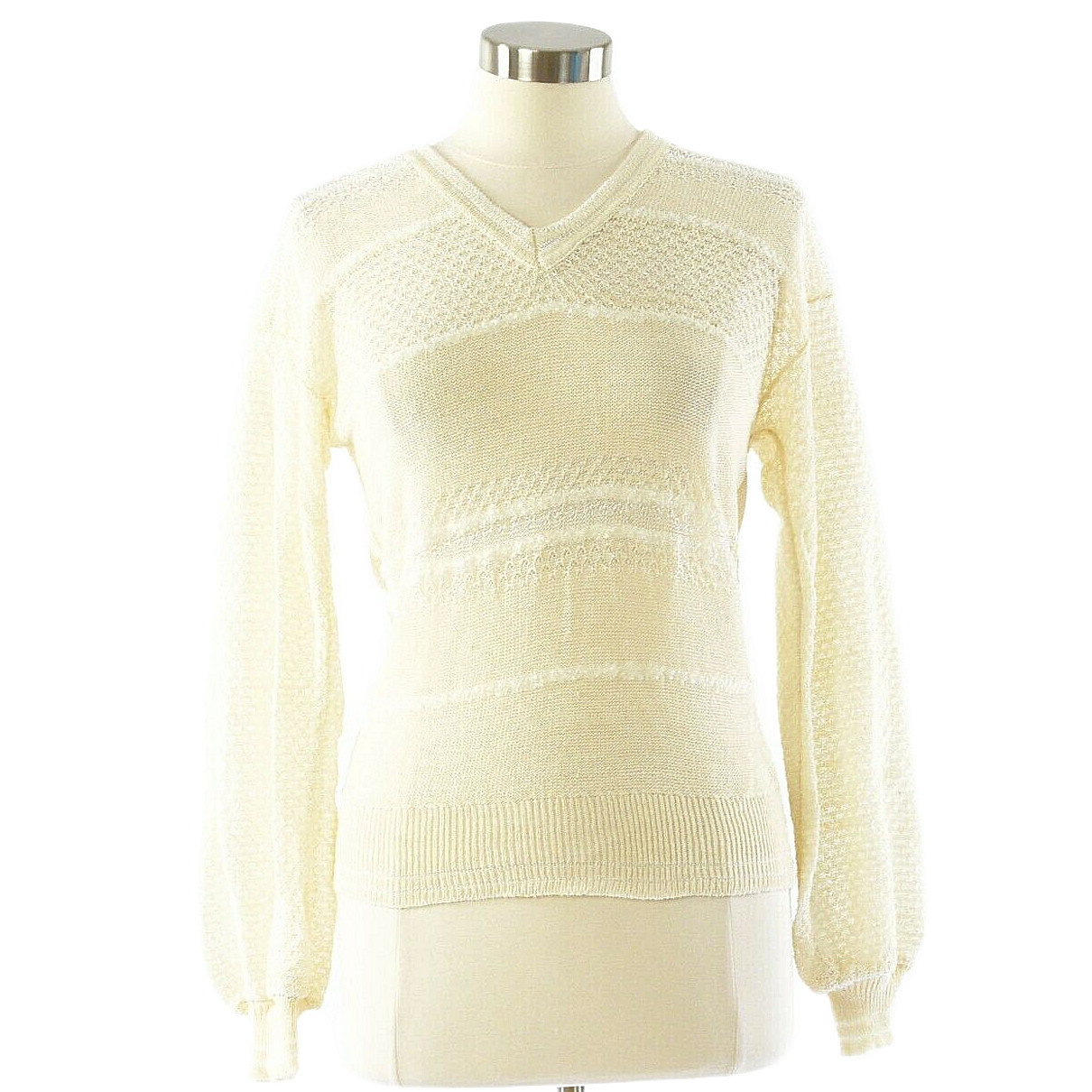 80s Vintage Boho Knit Sweater Ivory Puff Sleeve V Neck Fits S M Cottagecore Top