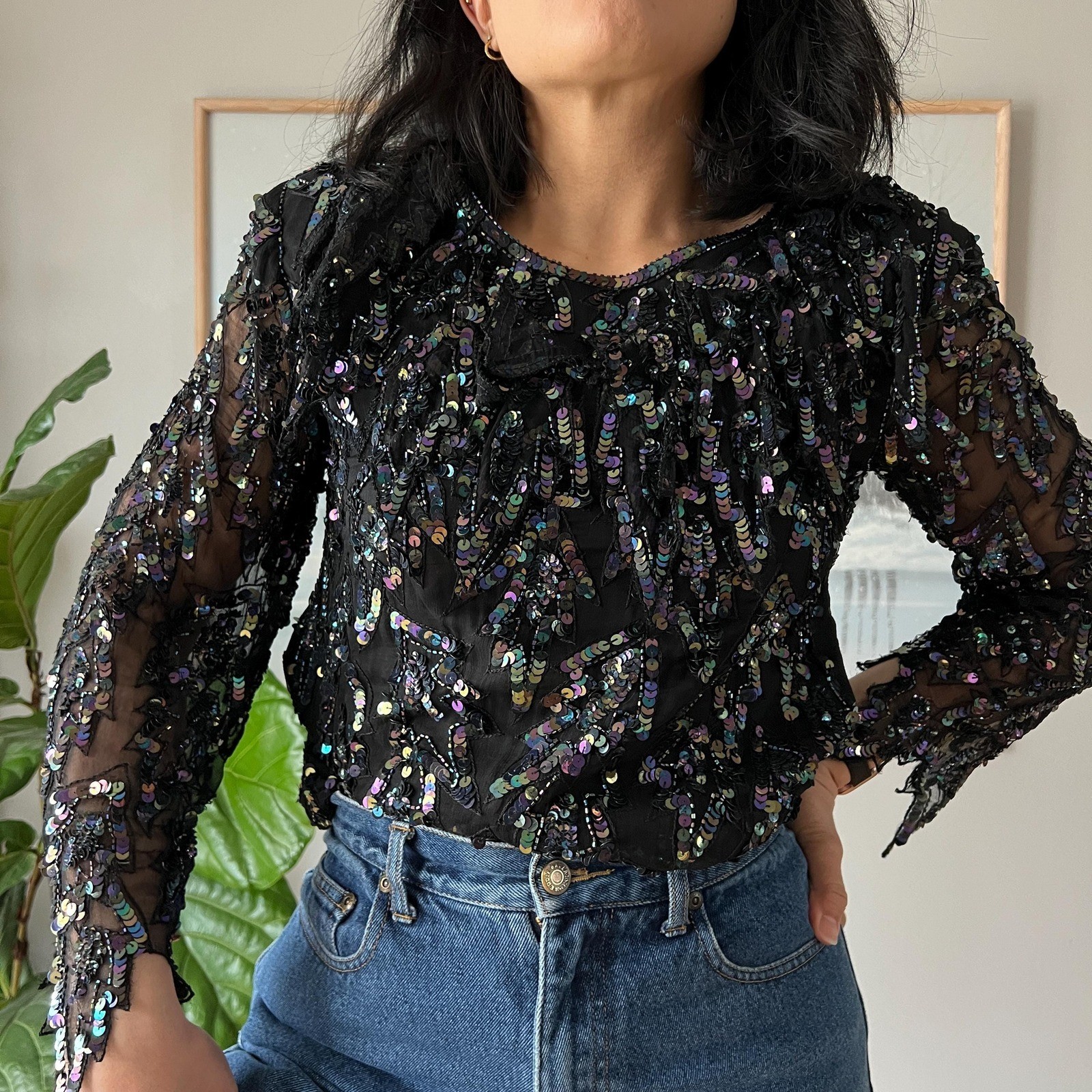 Vintage Silk Sequin Blouse Black Sheer Party Top 90s Y2K Glam Evening