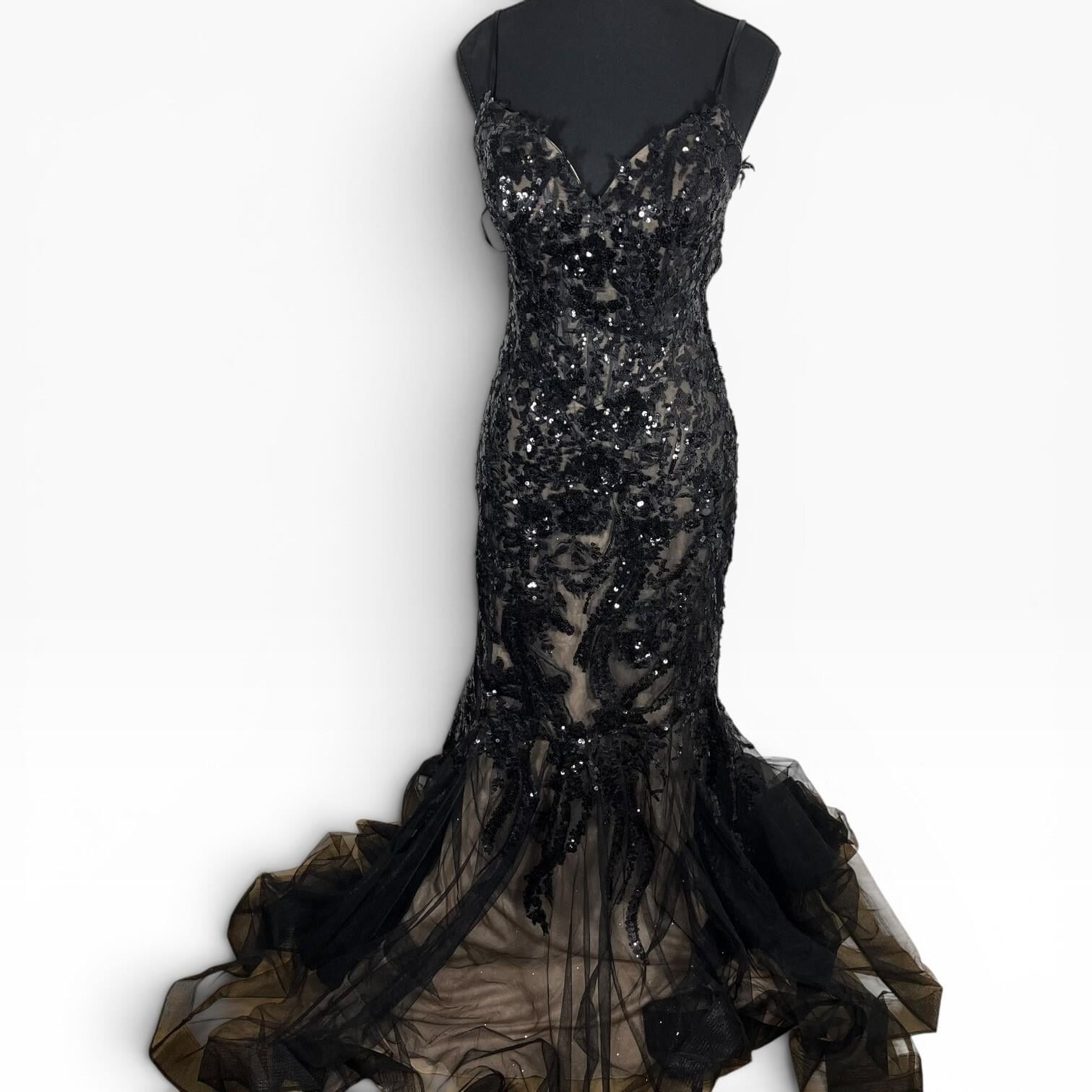 Vintage Dave & Johnny Black Nude Sequence Lace Mermaid Gown Black Size 3 Formal