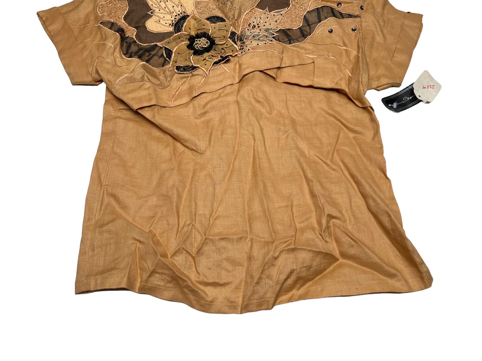 Vtg NOS Anne French Artsy Art to Wear Embellished 100% Ramie Blouse SZ 10 Wheat
