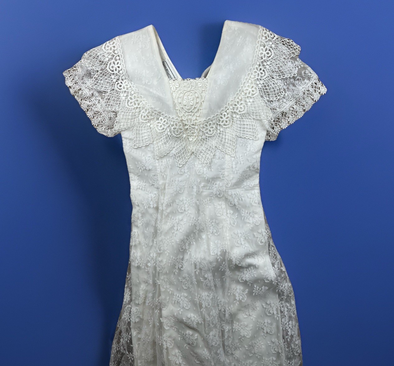 Scott McClintock White Lace Bridal Gown 8 V Neck Flutter Slv Wedding Dress