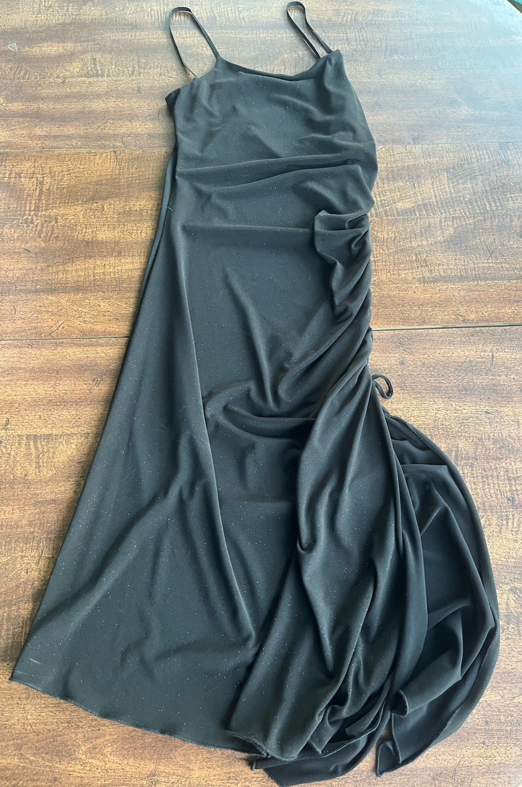 Vintage Y2K 579 Black Glitter Slip Dress Ruched Midi Goth Party Size 5 Fits Sm