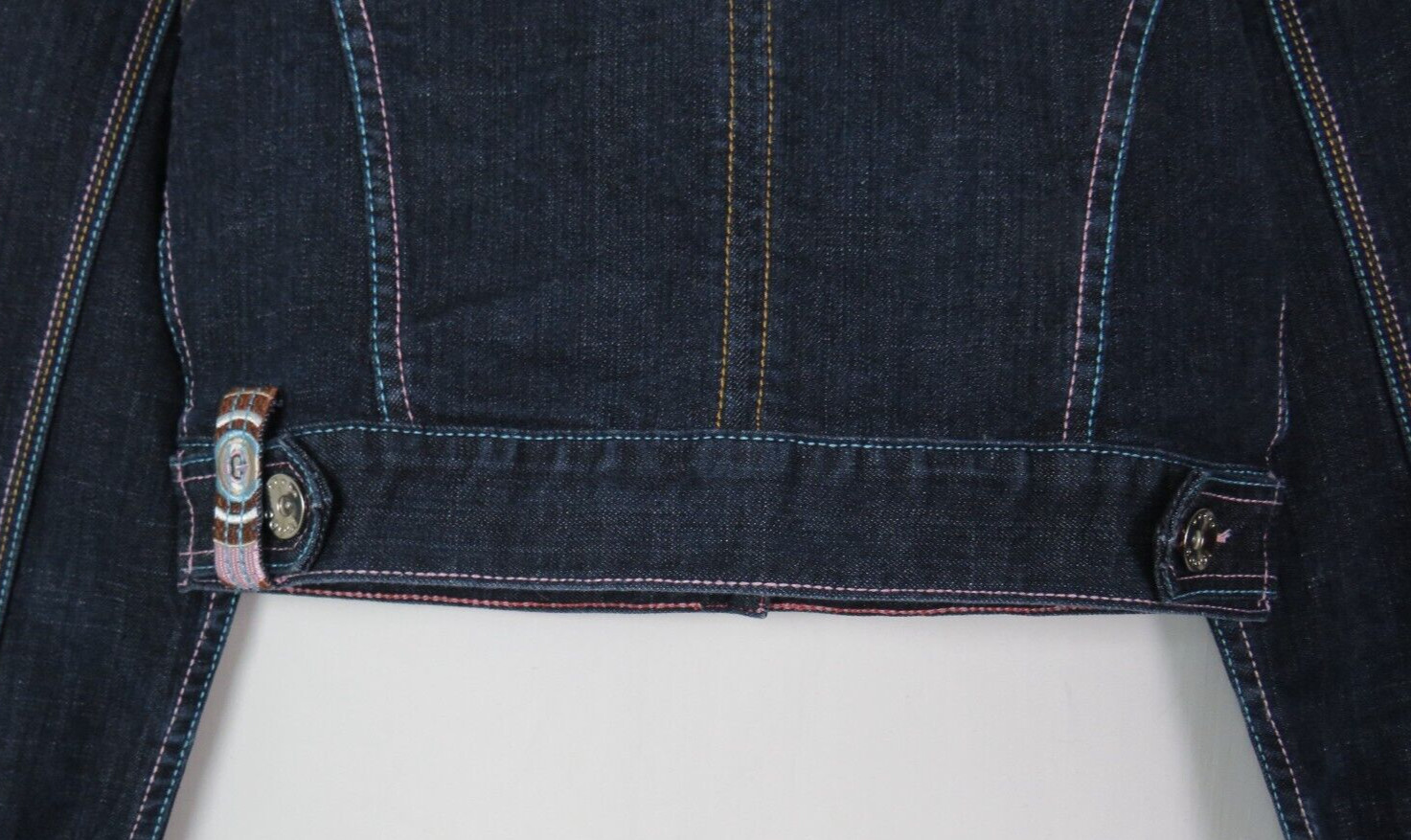 COOGI VTG 1990s 2000s BLUE STRETCH DENIM JEAN CROP JACKET EMBROIDERY ENAMEL