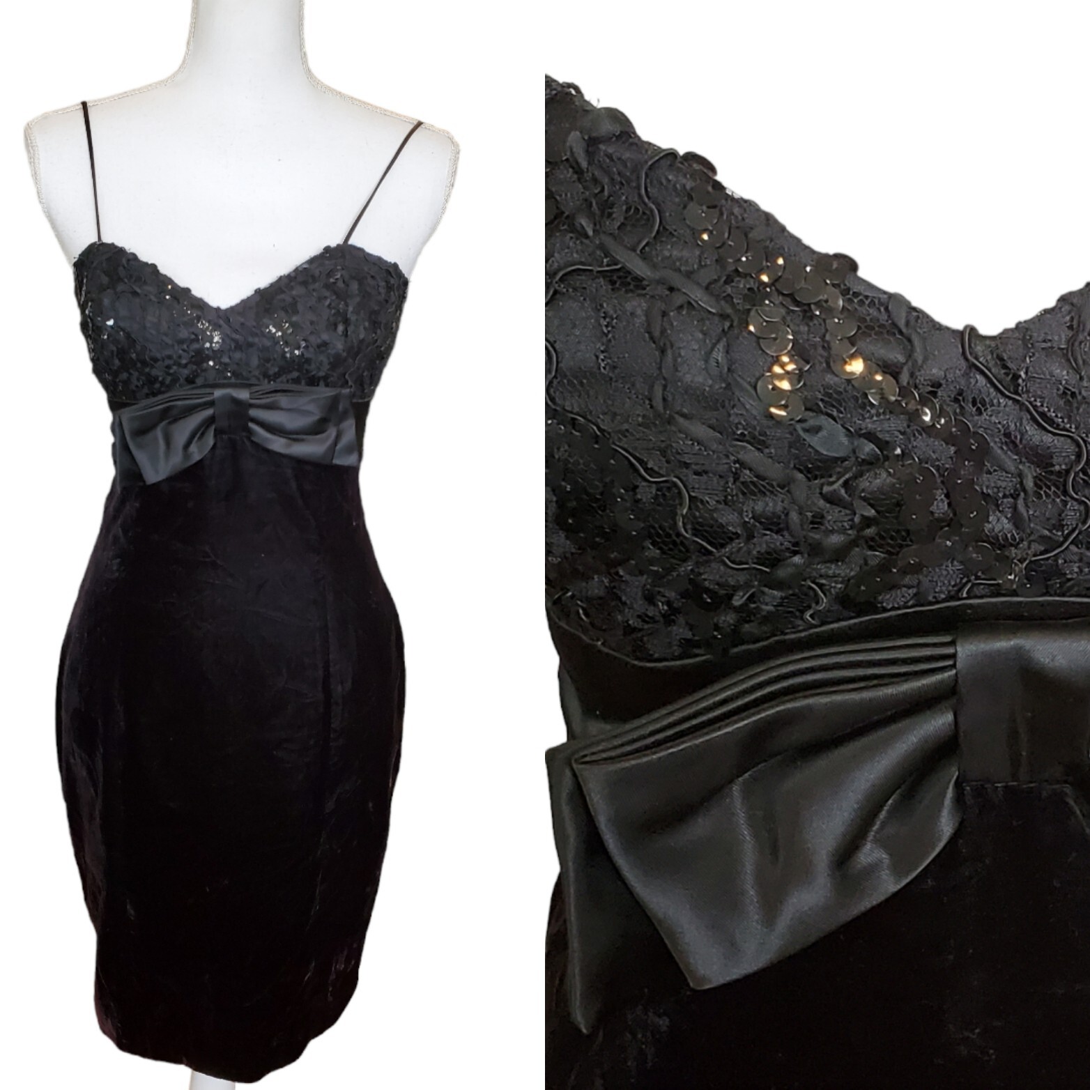 Vintage 80s 90s Black Velvet Sequins Babydoll Dress LBD Formal Cocktail Size 2