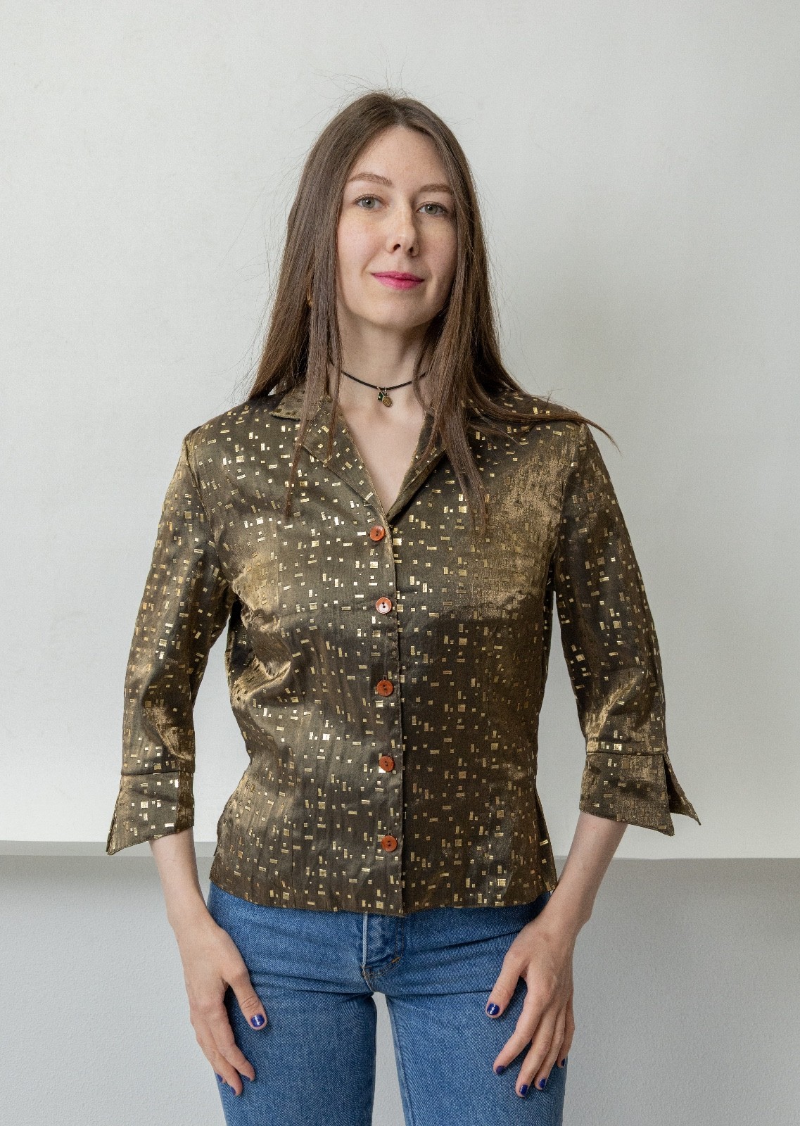 Vintage Y2K Bronze Gold Metallic Lame Blouse Made in France Mob Wife NYE Party