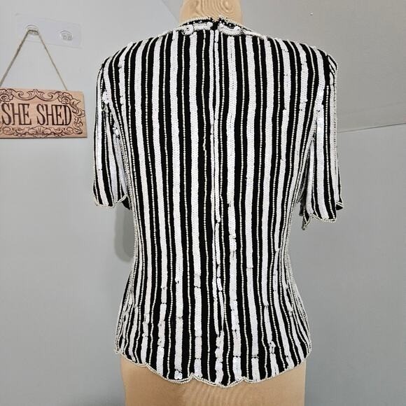 Stenay Vintage 100% Silk Beaded Sequin Top Black White Stripe Floral Scalloped L