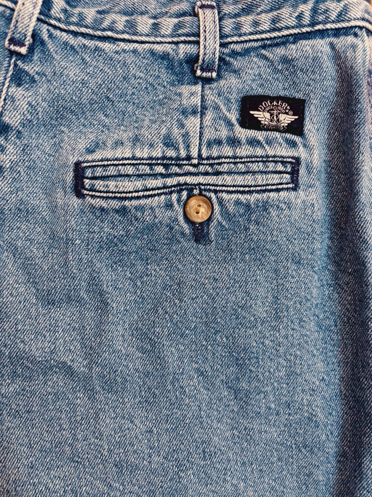 Vintage 80s Dockers Women’s High Waist Blue Denim Mom Jean Shorts Petite Size 12