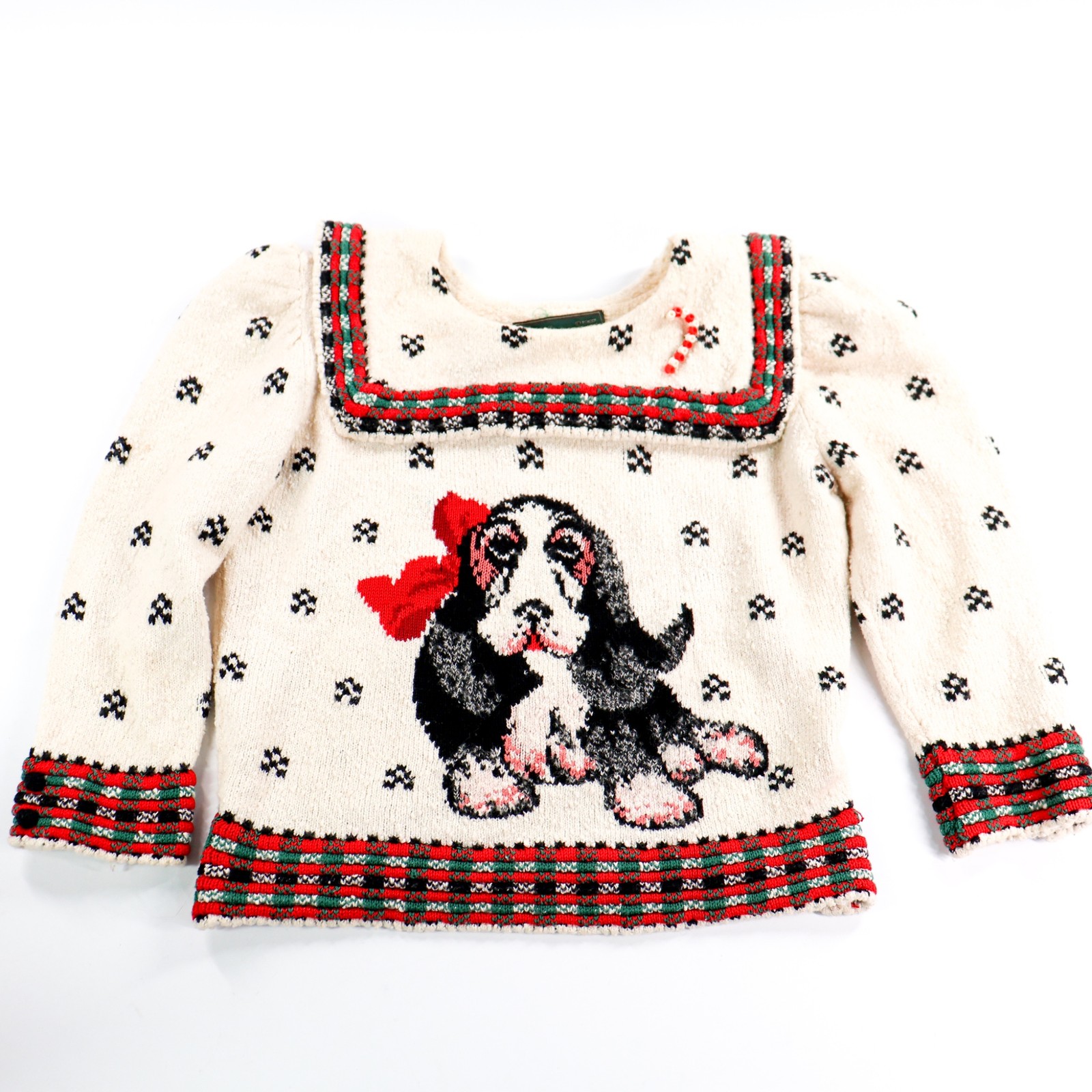 Vtg Cullinane Sweater Cropped Sz Large Basset Hound Dog Collared Christmas 1980s