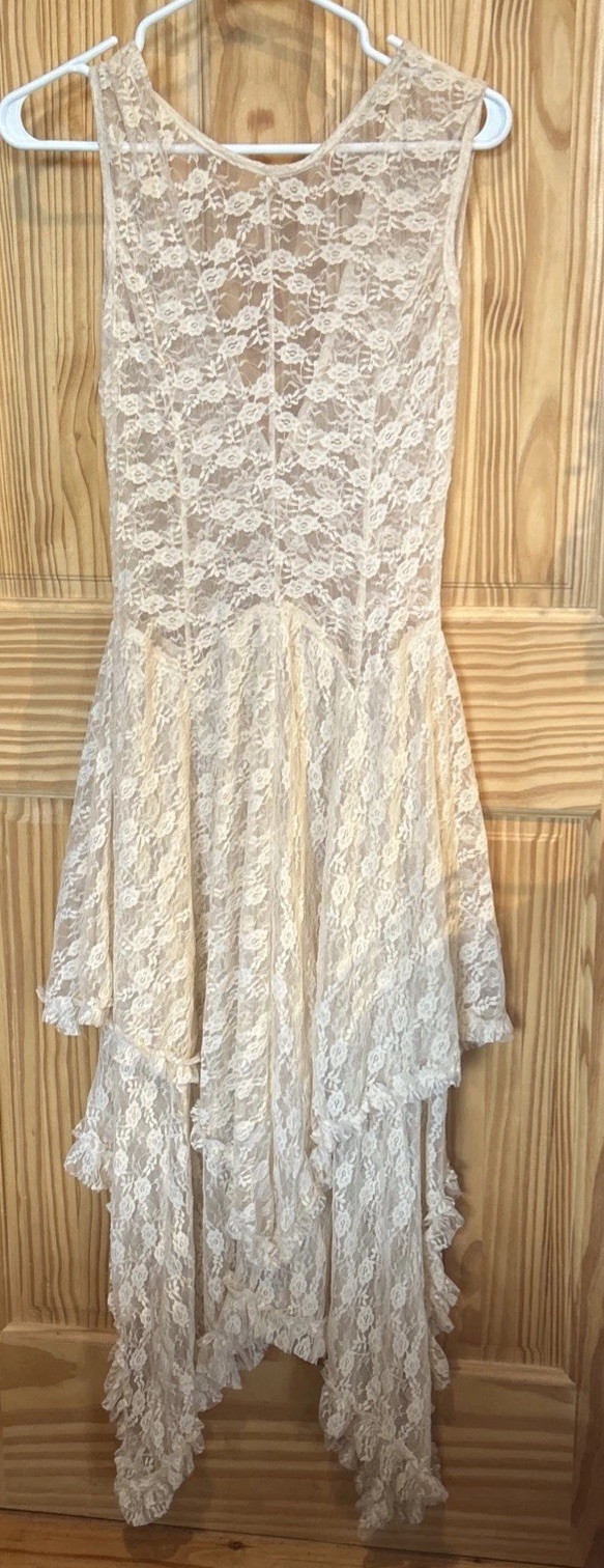 70’s Vintage Blush StretchLaceDress Asymmetrical Hem/Waist Design NoSleeve SzS/M