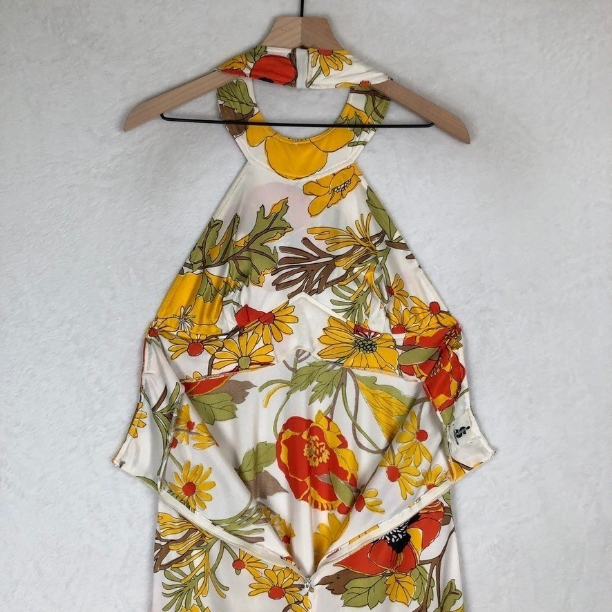 VTG 70s Floral Poppy Open Back Round Neck Halter Maxi Dress Sz S/M White