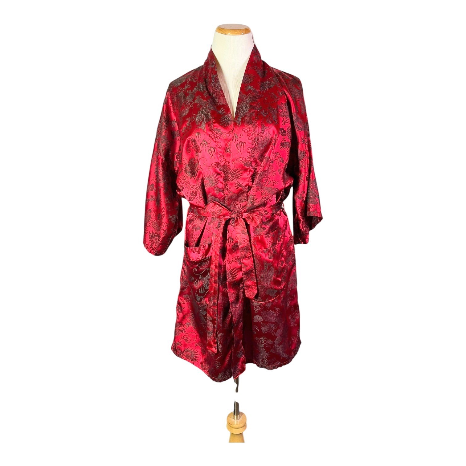 Vintage « Oriental » Brand One Size Robe Dragons Brocade Satin Sash Tie