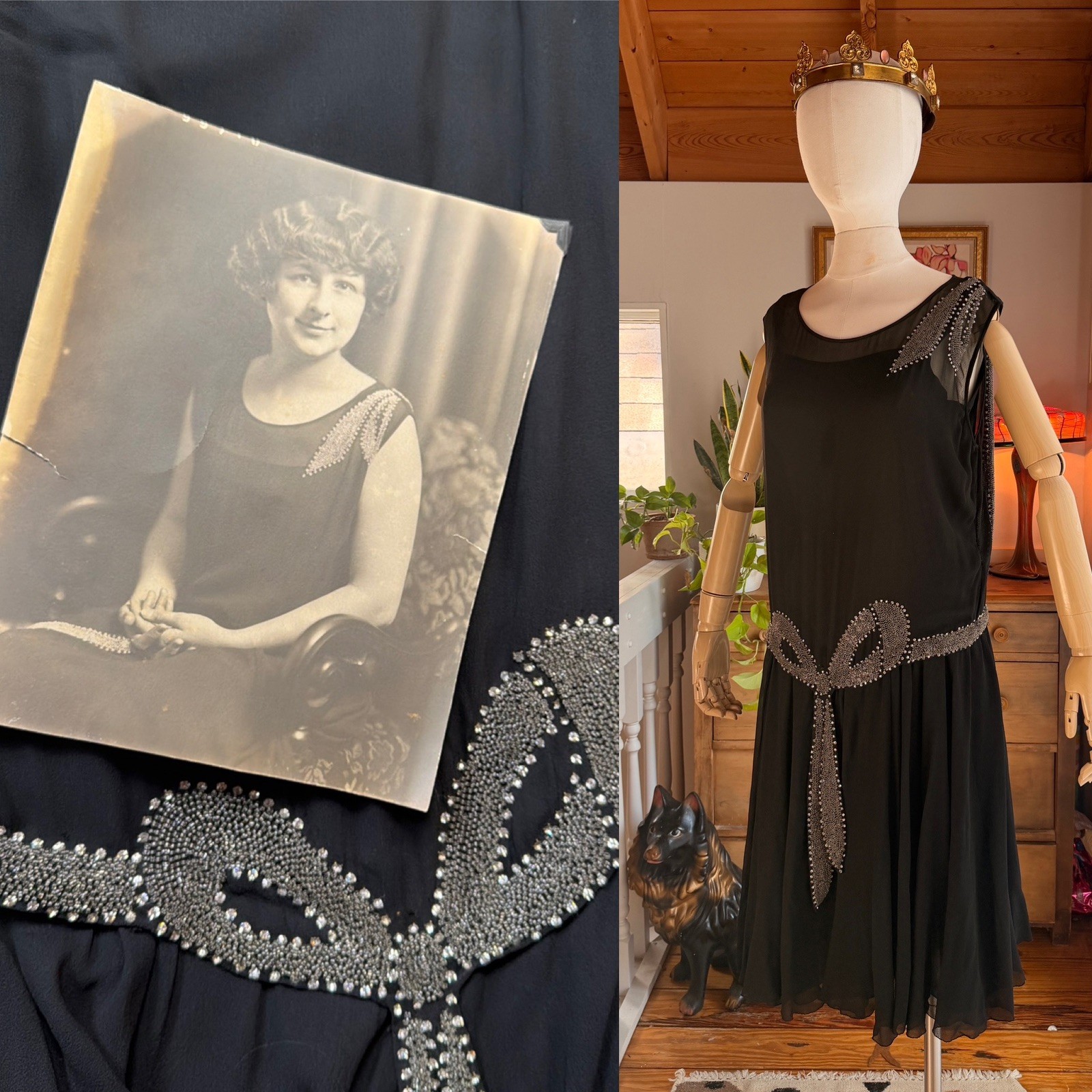 1920s Silk Chiffon Flapper Gown – Trompe L&rsquo;oeil Bead Bow W provenance – Medium