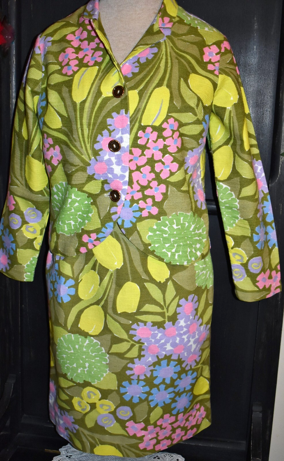 Womens Vtg 60s Floral Skirt Top Suit Set Cotton Textured Fabric California Label