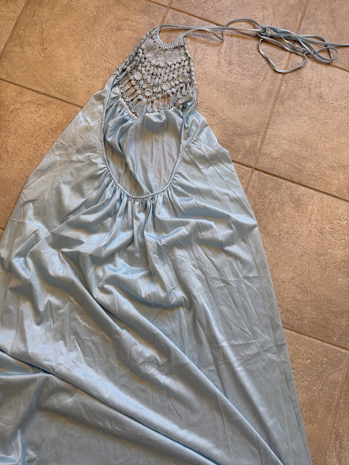 Vintage 70s Sears Crochet Halter Maxi Dress Blue Open Back Boho USA Medium