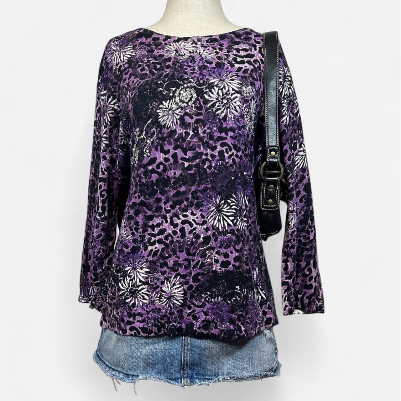 Y2K Purple Leopard Floral 3/4 Sleeve Top Rhinestones Fairy Grunge Fits Like L