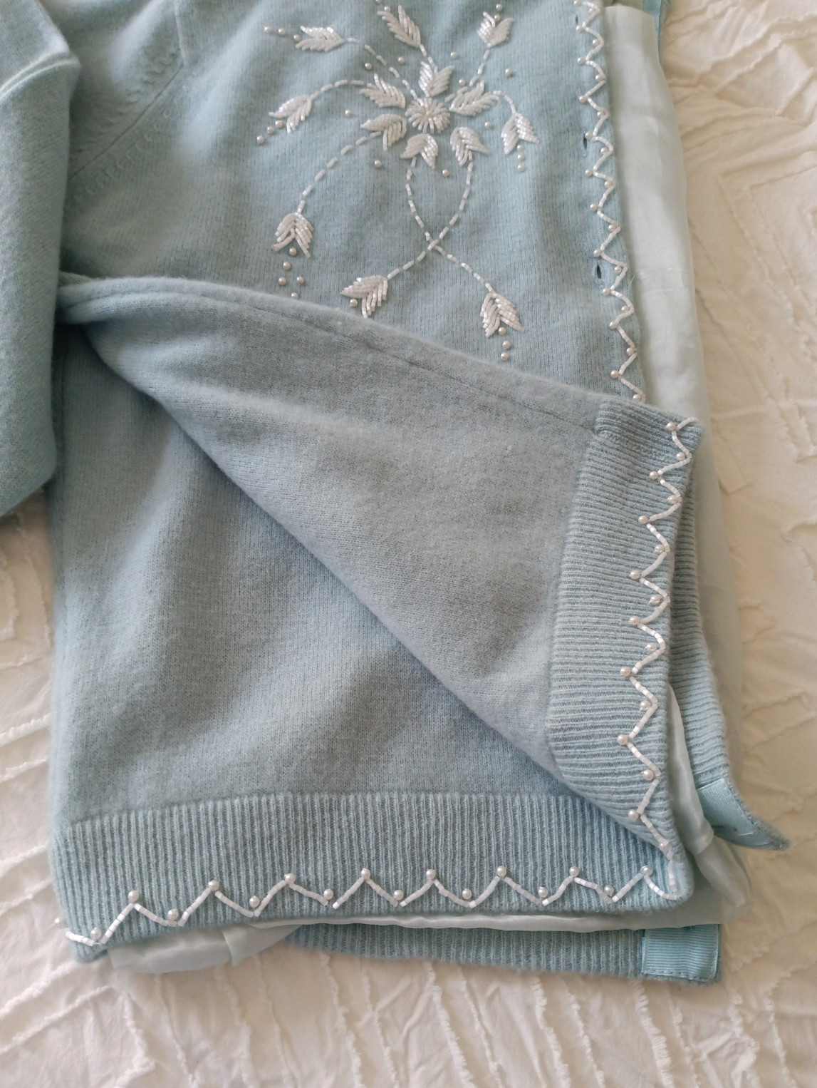 Vintage Moores Cashmere Cardigan Beaded Embroidered Powder Blue Pearl Trim Sweat