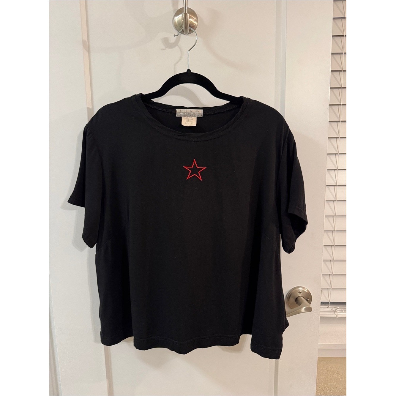 Vintage Nino Wong California Black Rayon Embroidered Star Top XL Made USA