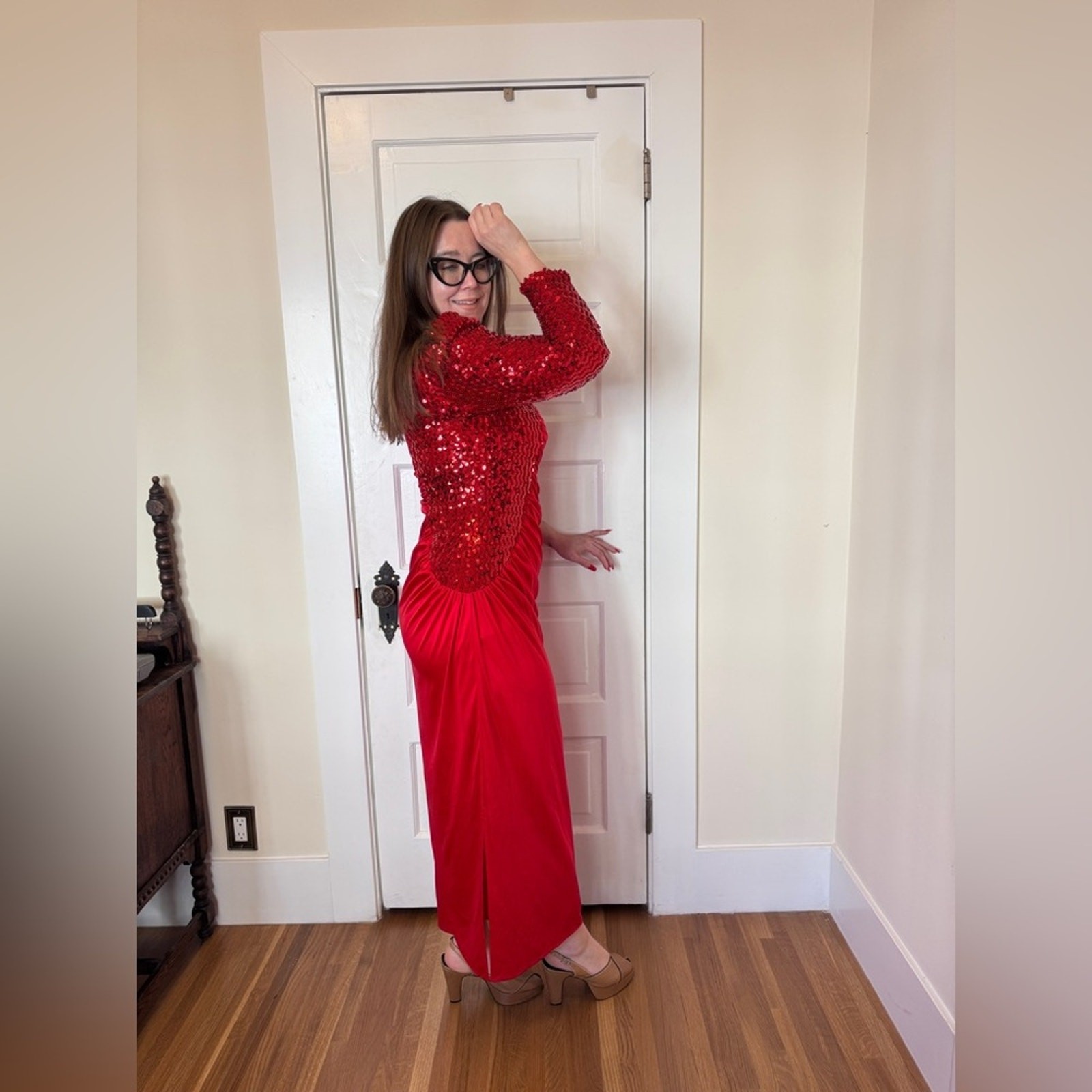 80s Vintage Dynasty Style Red Sequin Wiggle Dress Sz M