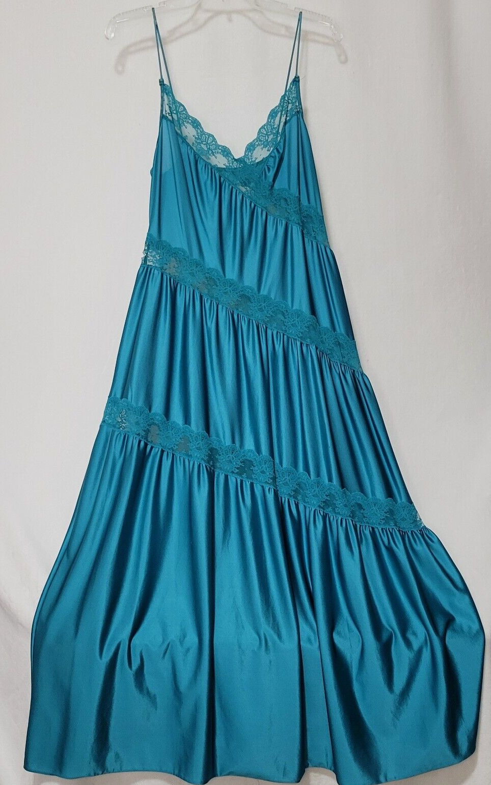 VTG Henson Blue Silky Nylon Gown Medium Inset Diagonal Lace Nightgown Negligee