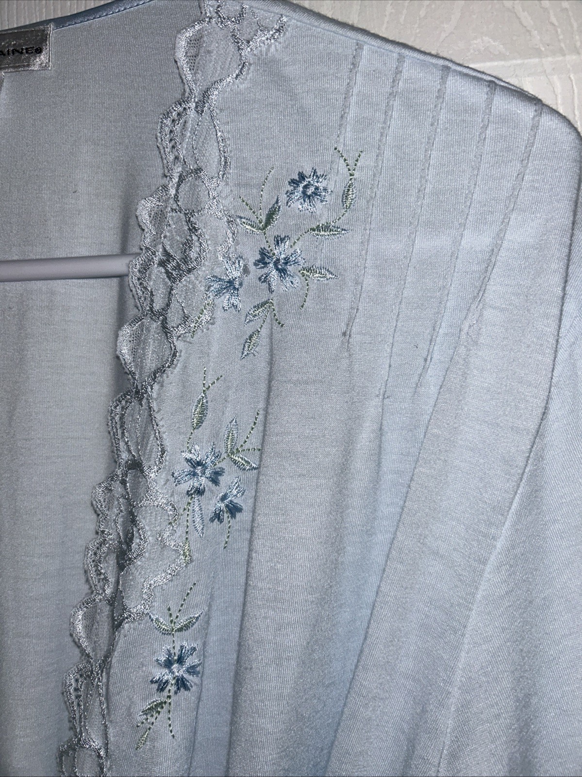 Miss Elaine Robe Pale Blue Lace Embroidery Tie Mid-Length XL #309466L Vintage