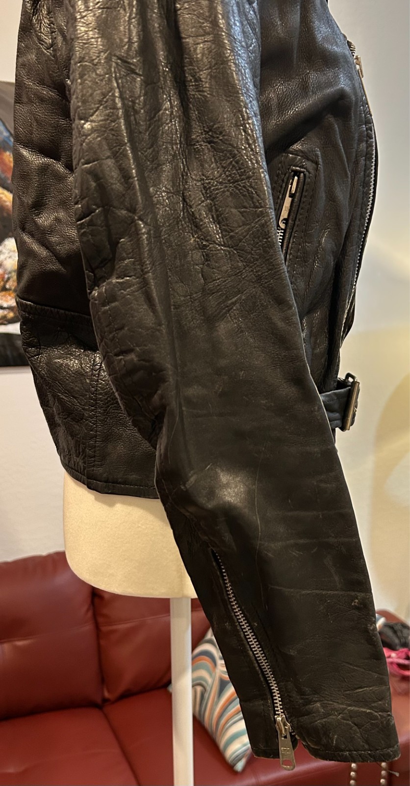 Vintage Leather Motorcycle Jacket Black Men&rsquo;s Small W/Zipper Pockets And Snaps