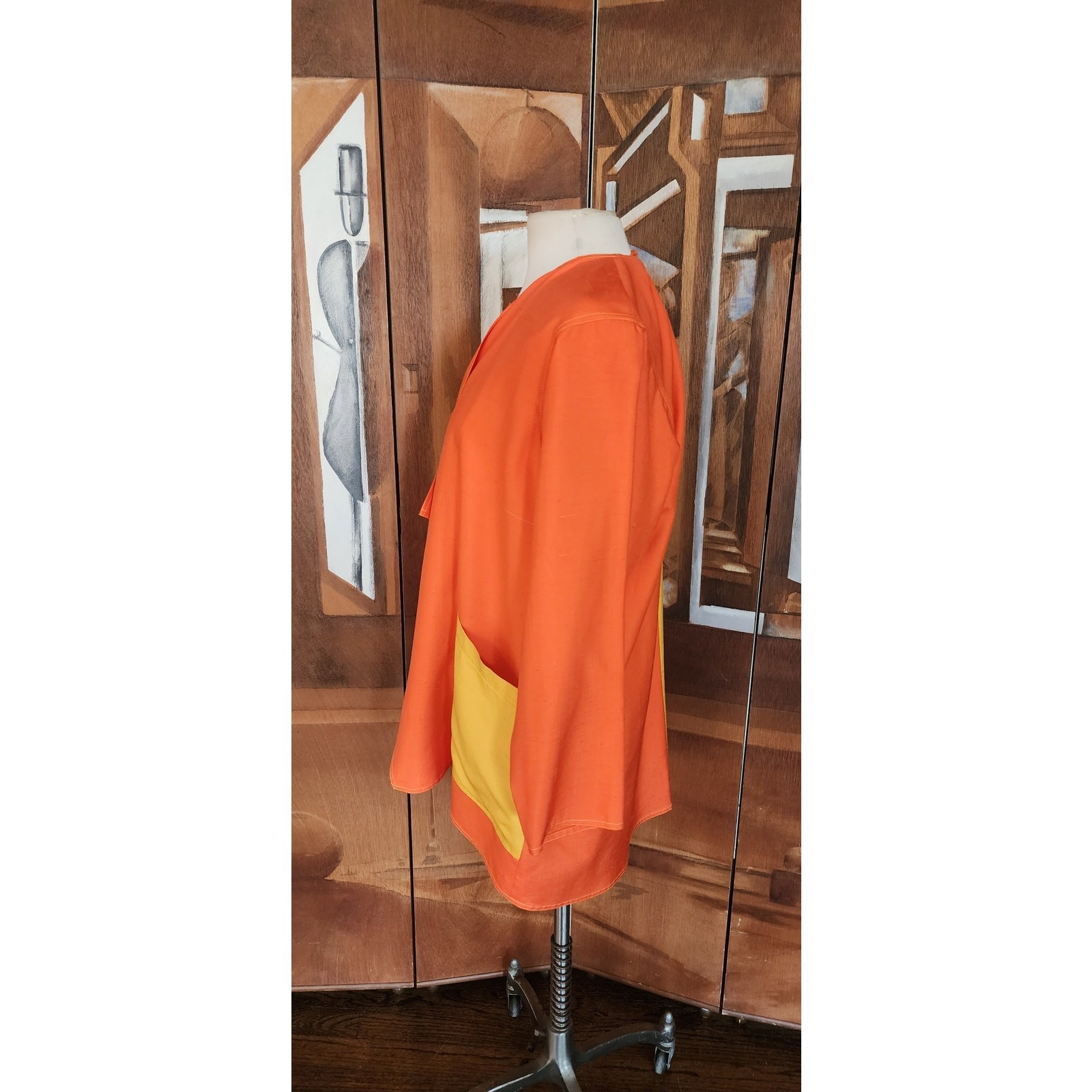 VTG 90s Duster Jacket Silk Yellow Orange Colorblock Blazer Victoria March