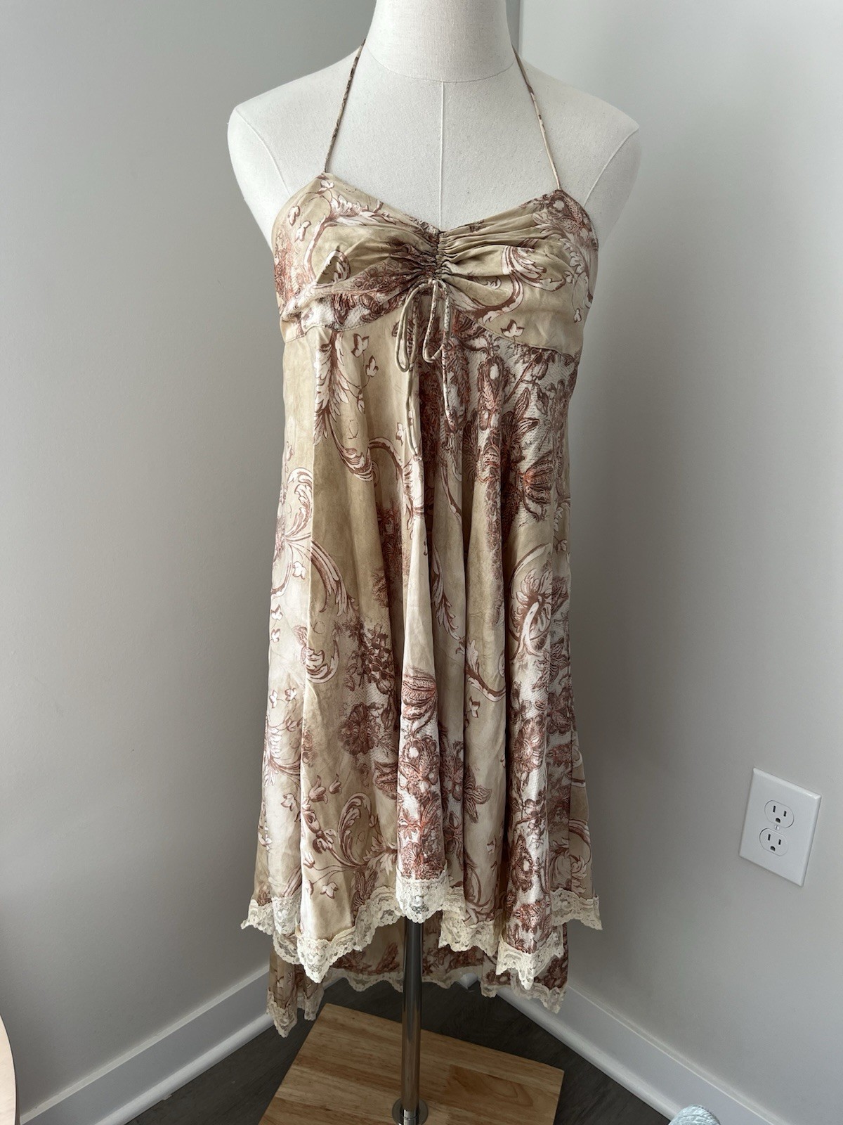 VTG IN LOVE PARIS 100% Silk Dress T1 S Made France Designer Lace Halter Boho Tan