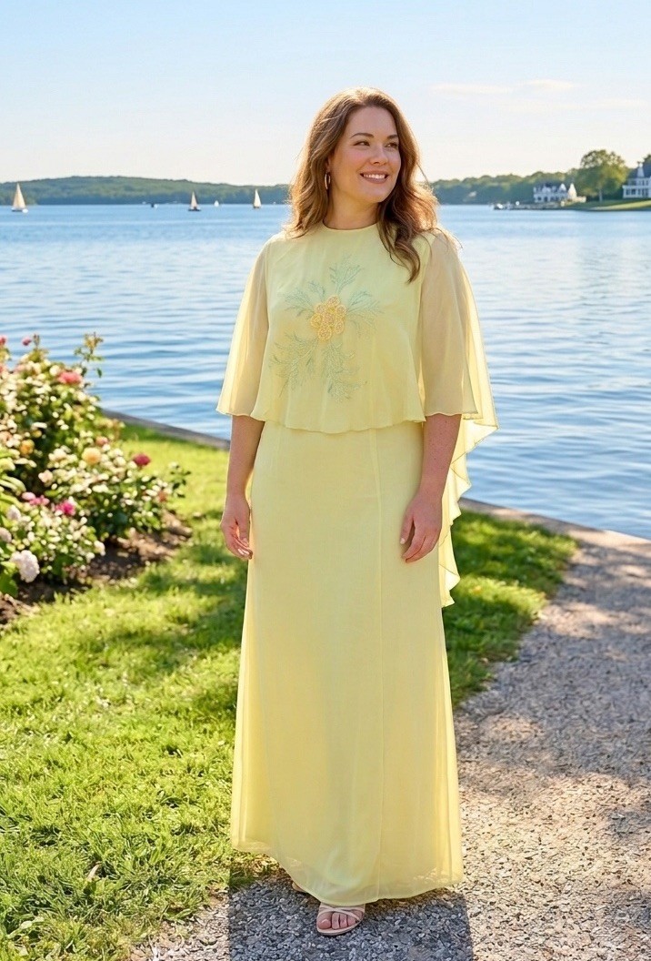 Vintage 70’s Yellow Gown w Sheer Chiffon Floral Embroidered Capelet Size 14 READ