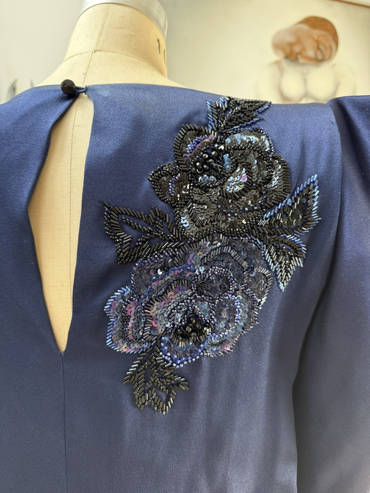 ODICINI Couture Silk Top Vintage 80s Blue Sequin Avant Garde Structured Floral