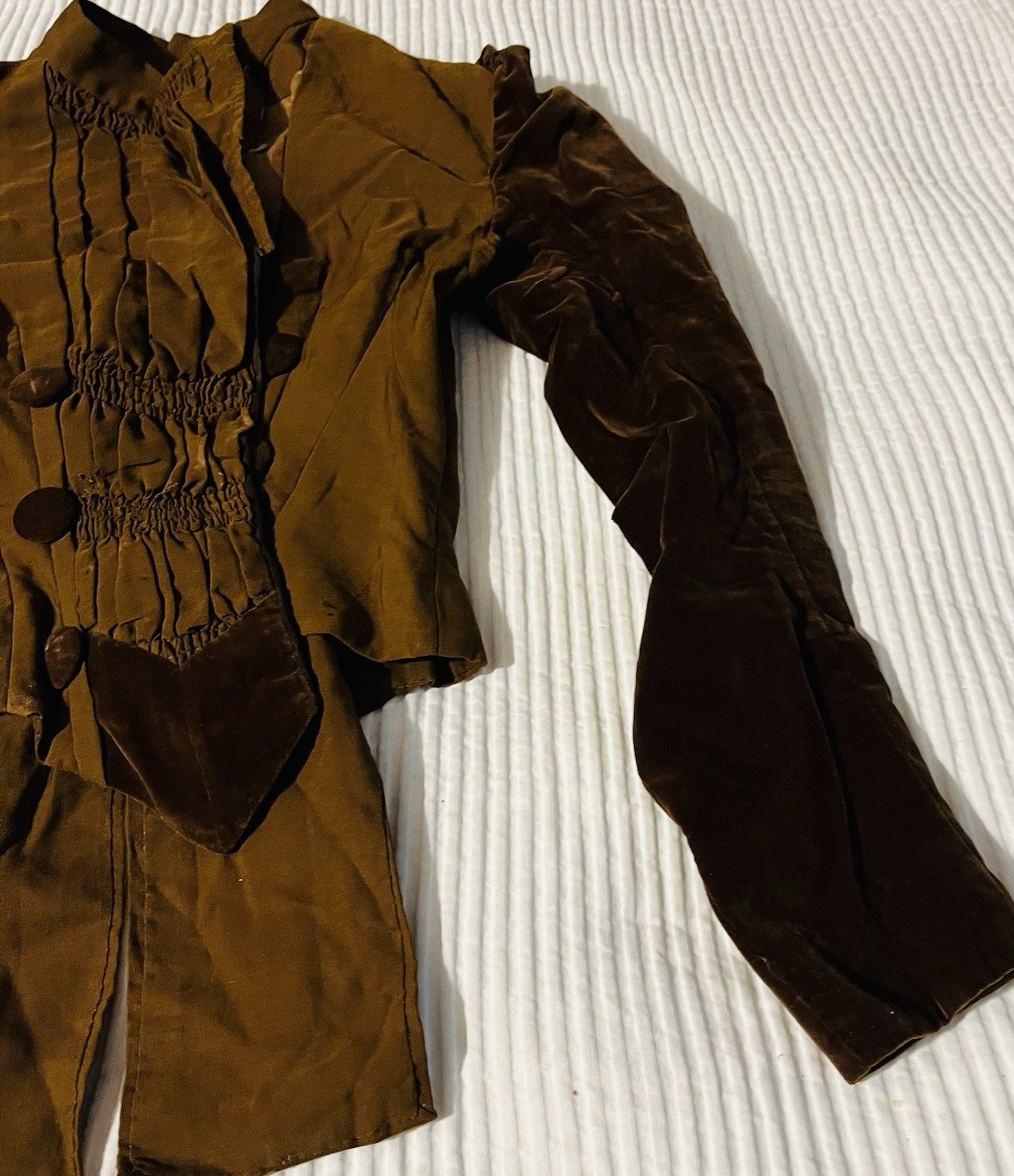 Antique Edwardian Boned Waist Jacket Velvet Trim & Puff Sleeves-Smocked-Coattail