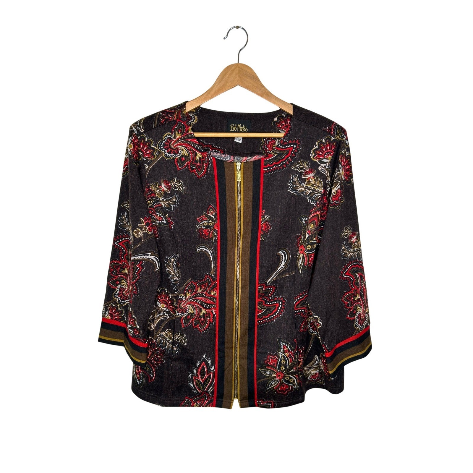 Bob Mackie Wearable Art Vintage Paisley Zip Front Jacket Shoulder Pads Brown 1X
