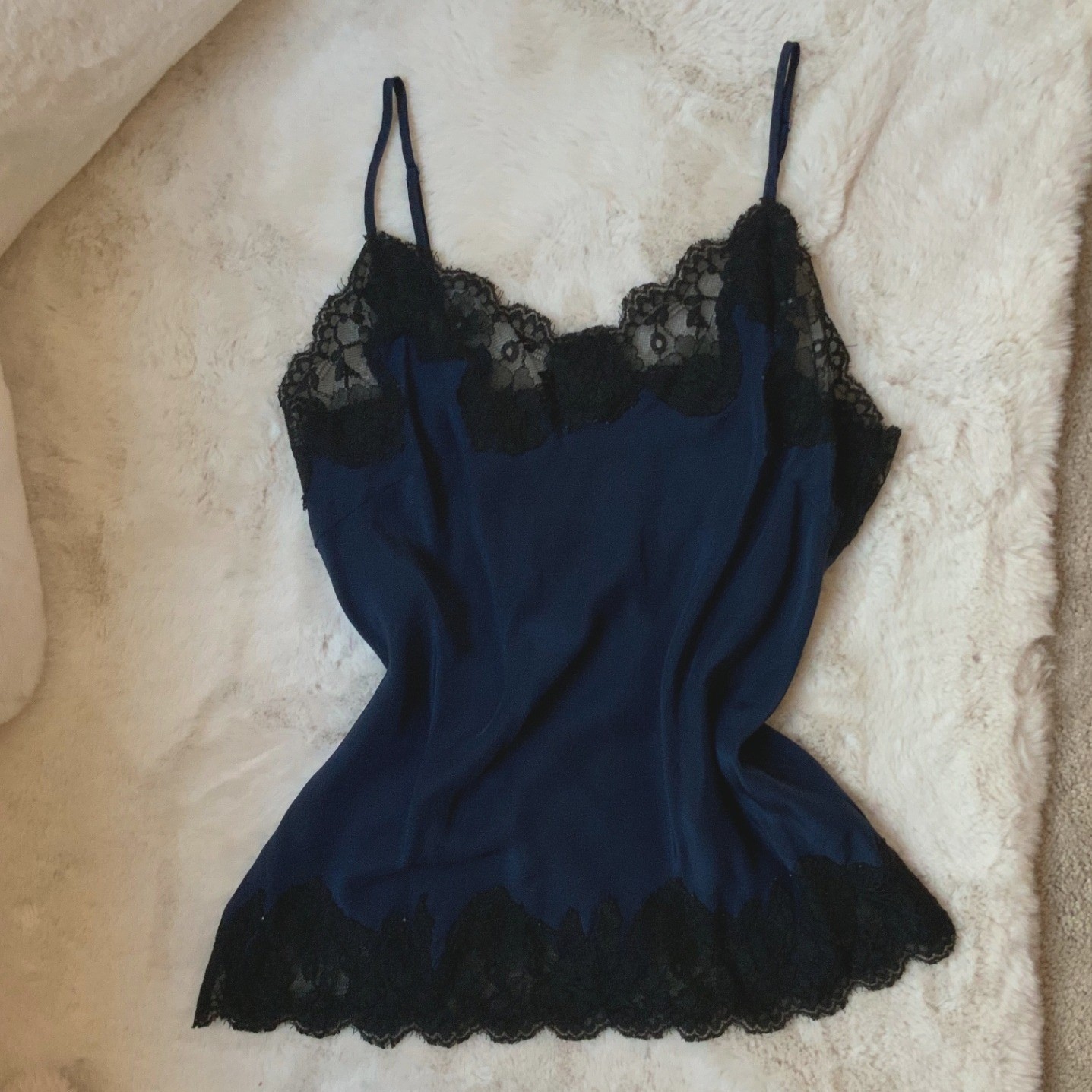 Navy Blue and Black Lace Gold Hawk Silk Cami Large