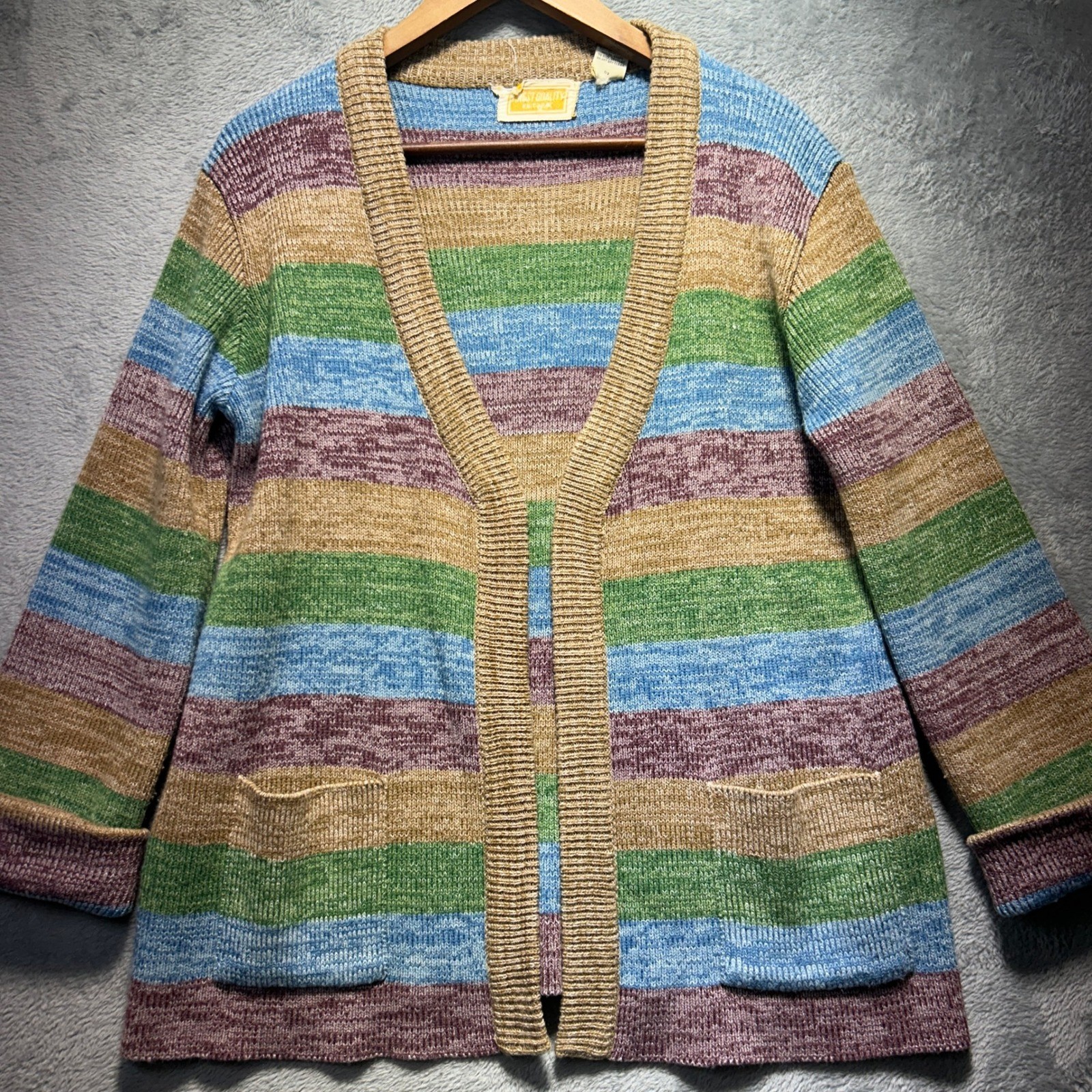 Vintage 70s Finest Boho Knitwear Striped Cardigan Sweater Multi Color Medium VTG